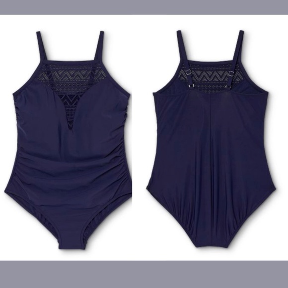 NWT Aqua Green [ Plus 20W‎ ] Crochet High Neck One Piece Swimsuit Navy - Picture 3 of 12